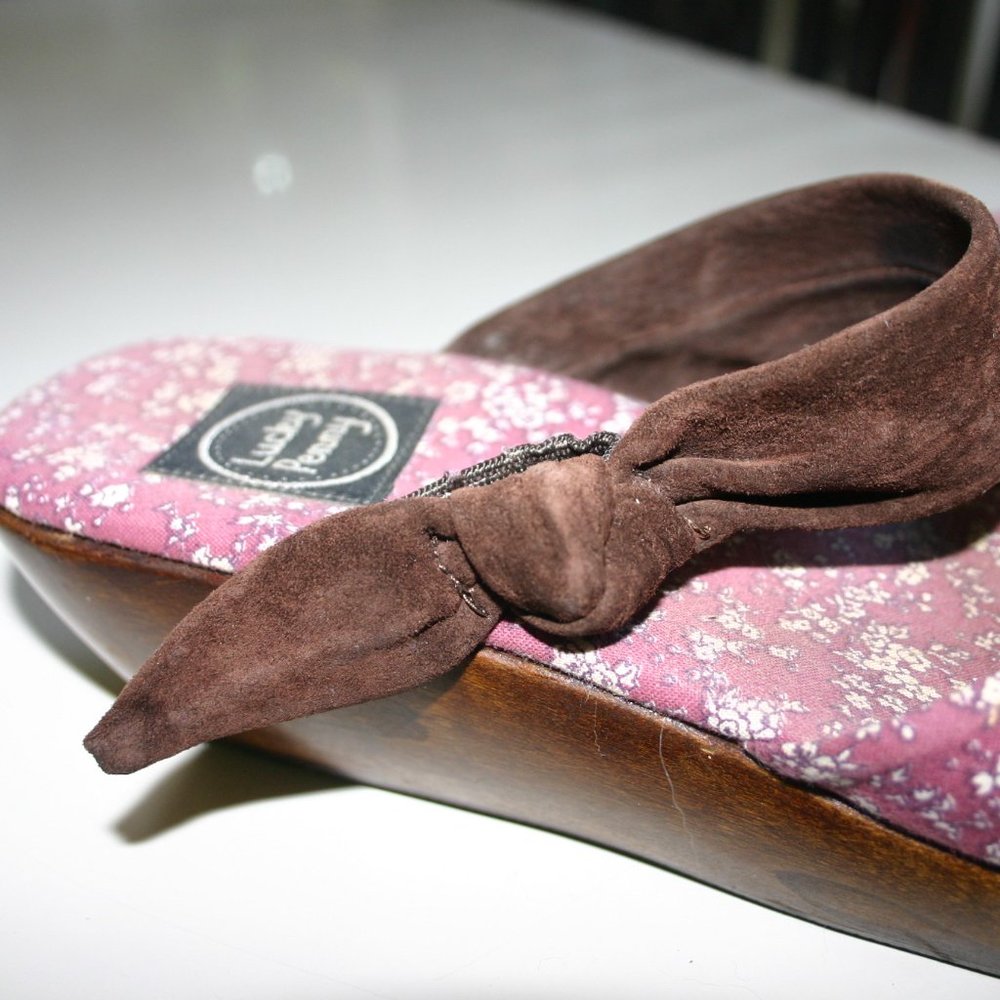 LUCKY PENNY Patchwork Clog Size 8 Wooden Platform/Walnut Stain*Fabric*Suede - Picture 12 of 13